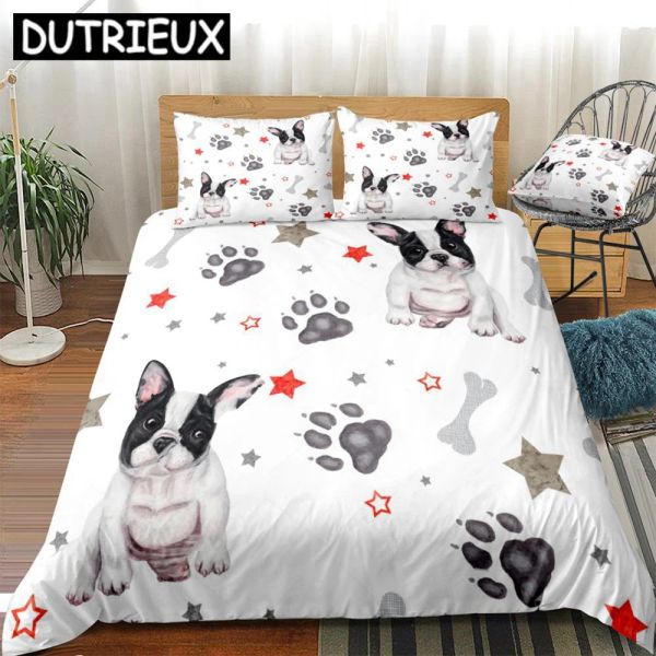 Sets 3 Stücke Hund Bettbedeckungsabdeckung Set Cartoon Bulldogge Bettwäsche Sterne und Hundepfote Heimtextilien weiße Quilt Cover Haustierbett Set Dropship