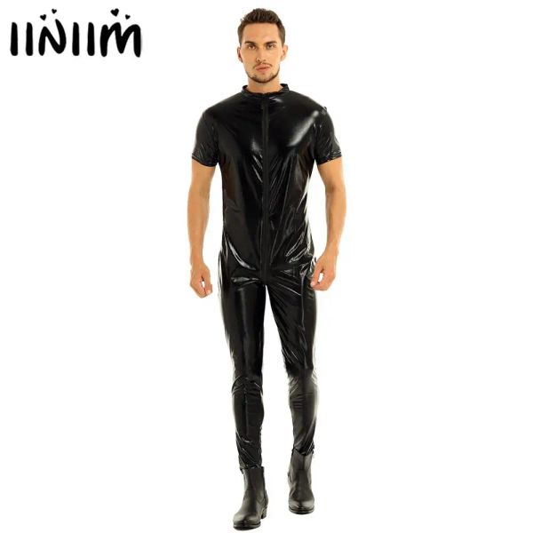 Pantolon Iiniim Mens Esnek Sahte Deri Kısa Kollu Fermuar Kasık Tam Vücut Tek Tekerleğin Bodysuit Clubwear Akşam Partisi Erkek Tulum