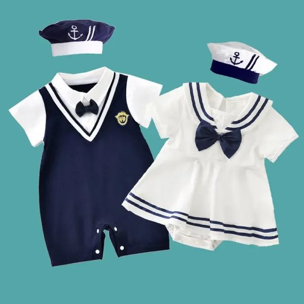 One-Pieces Schwester und Bruder Matching Boy Girl Sailor Kostüm Strampler Marine Bodaysuit Kleinkind Girls Sailor Theme Kleid Fotoshooting Outfit