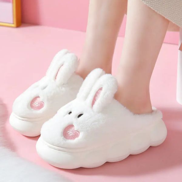 Botlar Beyaz Tavşan Kulak Kabarık Terlik Kadın Kış Ayakkabıları Bayanlar Platform Yüksek Topuk Slipper Kız Yüksekliği Artan İç Mekan Kürek Ayakkabıları