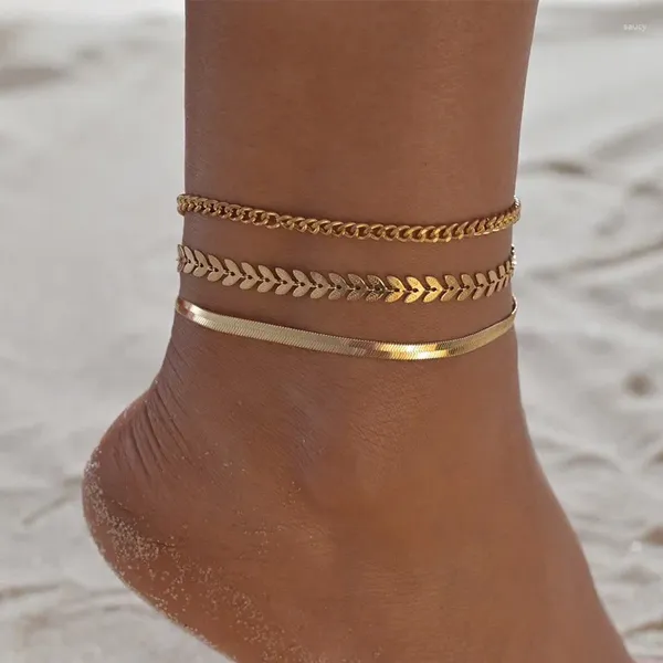 Fußkettchen Gold -Knöchel -Armbänder für Frauen 14k wasserdichte kubanische Verknüpfung Set Layered Sachlirt