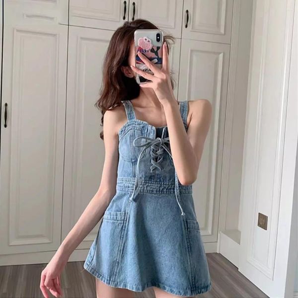 Lässige Kleider S-5xl Frauen Denim Kleid Sommer Ärmellose Gurte Mini A-Line Mode Schnürung Hochtütig Jean weibliche Vestidos