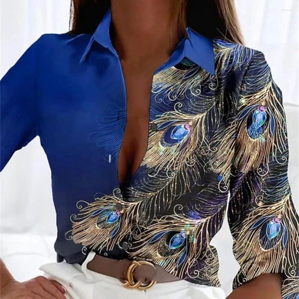 Camicette da donna donna primaverile camicia autunnale top chic piuma stampa singola gemma pietra gemella impreziosita per