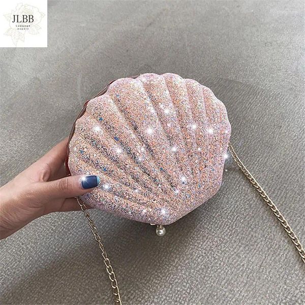 Bag Paillettenschale Frauenumhängende Taschen Ketten Crossbody Pearl Reißverschluss Messager glänzende Dame Sommer Geldbörsen kleiner Sack 2024 Ins