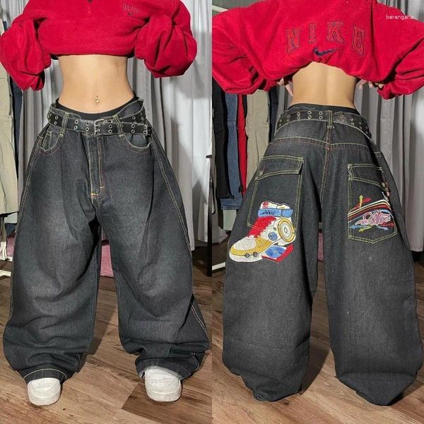 Jeans femininos American Oversize Pattern Bordado Baggy Y2K Street Fashion Vintage Casual Cintura alta calça de perna larga calças