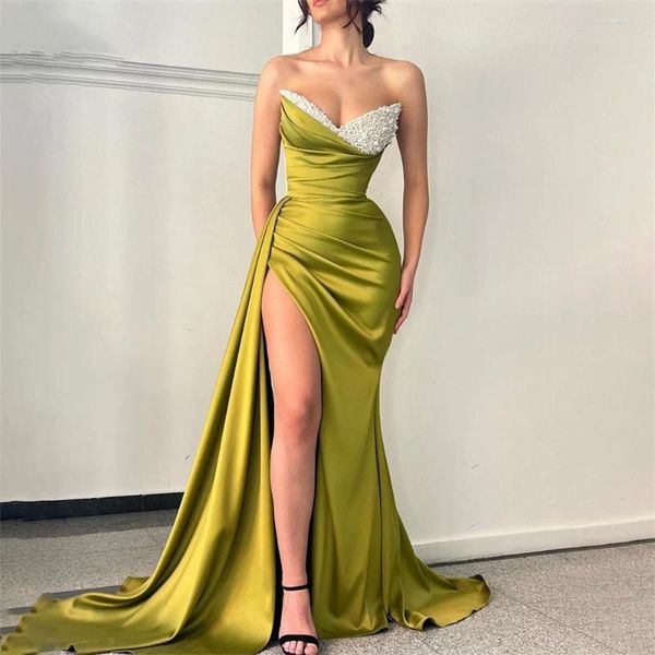 Partykleider 2024 Schatz Nacken Oliven Grün Pailletten Abschlussball Side Split Zug Falten Abendkleider für Frauen Taille Korsett Formal