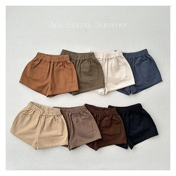 Shorts Kinderkinder fester Grundstil Unisex Sommer dünne Baumwollgewebe Elastische Taille Mini -Taschen Design Vielseitige Hose