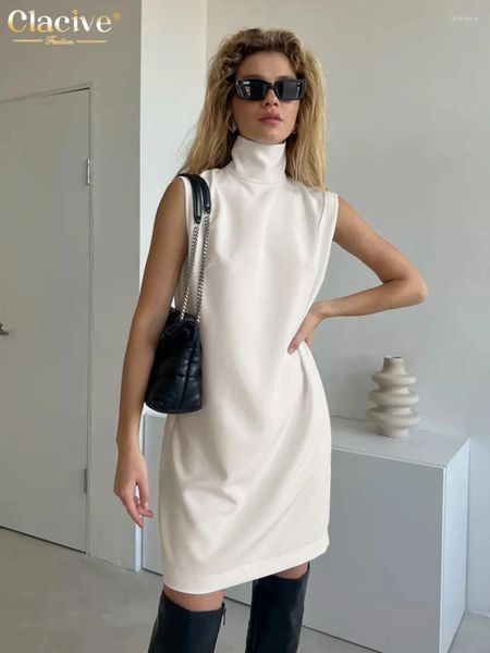 Повседневные платья Clacive Fashion Loak White Office Lady Dress Summer Elegant Classic Turtleneck без рукавов просто для женщин 2024