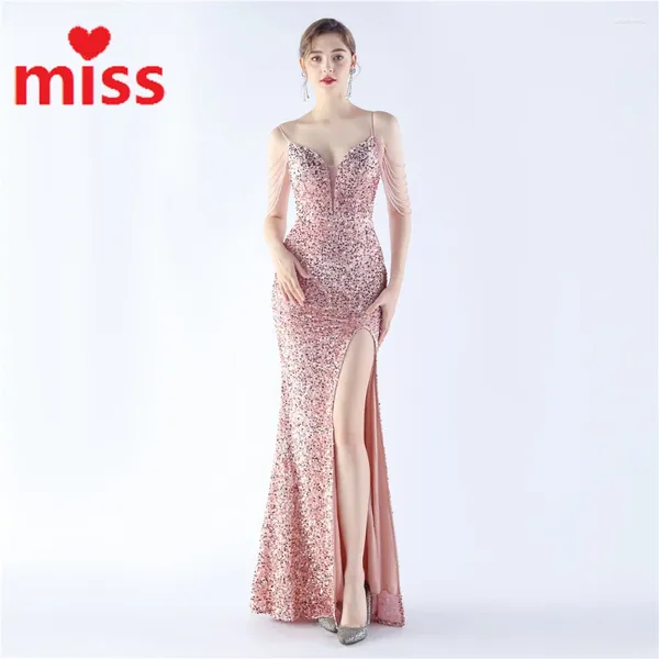 Lässige Kleider High-End-Abendkleid sexy geteilte Hand Perlen Quaste 2024 Paillettenparty Slip Long Gala Frau Vestidos de fiesta