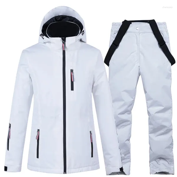 Jackets de esqui Correia de esqui calças pura branca feminina desgaste roupas de snowboard de traje de inverno à prova de vento à prova d'água -30 quente