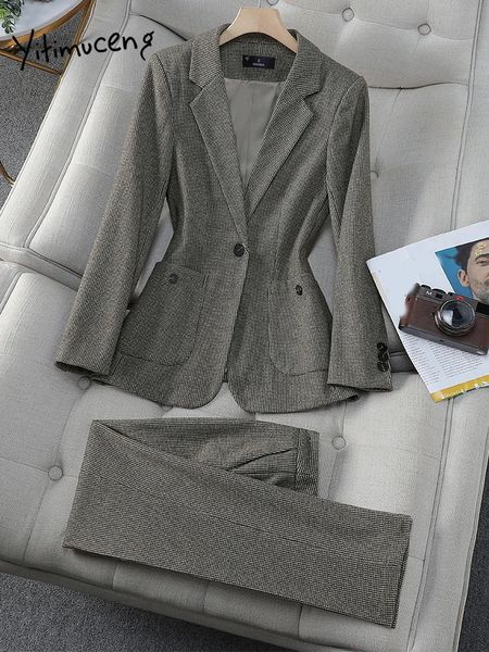 Yitimuceng Wool Women Suit Office Sets Single Button Down Collar Blazers Slip Pants Slim Pencil Suit 240421