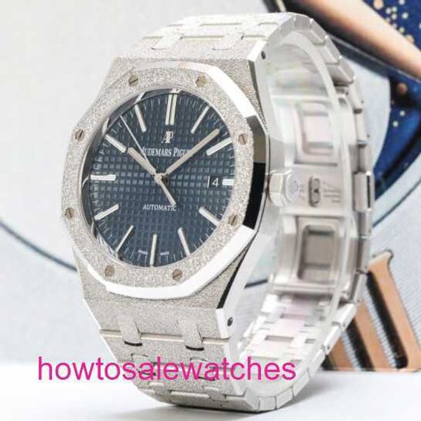 Luxus AP Armband Uhr 15410 Royal Oak Serie Blue Face Cream Gold 41 Oberflächendurchmesser Datum Display 18k Weißgold Automatische mechanische Herren Uhr