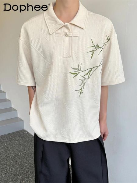 Мужские Polos 2024 весна лето в китайском стиле бамбуковая вышивка ретро -рубашка с коротким рубашкой для рубашки с коротким рубашкой женская повседневная половина