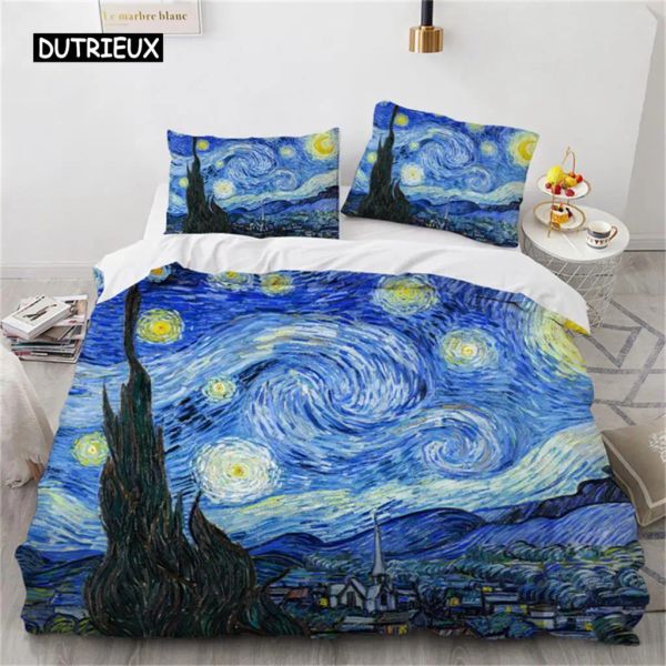 Sets Duvet Cover Starry Night Van Gogh Ölmalerei Bettwäsche Set Polyester Landschaft Himmelstar Kunst Tröster Cover Kinder Erwachsene Schlafzimmer