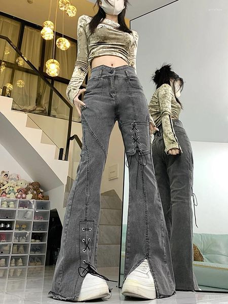 Calça jeans feminina calça gótica cinza vintage y2k harajuku 90s estético flare cista alta calça larga emo 2000s roupas 2024