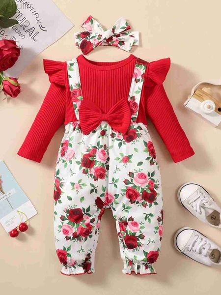 ROMPERS 0-2-Jährige Neugeborene Baby Girl Frühling und Herbst Runde Hals Holzohrrand Langarmed Blumenhose Jumpsuit D240425