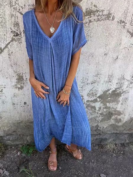 Frauen 2024 Sommer Baumwollwäsche Kleid elegant Vintage Loose V Hals Solid Color Beach Maxi Kleider Kurzarm Casual Vestidos2404251