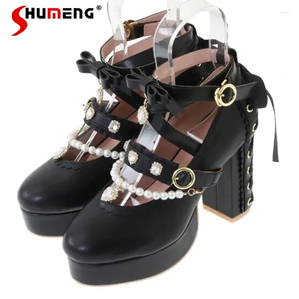 Kleiderschuhe süße Ball Perlenkette Bow Anhänger Pink High Heels Ladies 2024 Herbst Frauenhöhe Chunky Cross Krawatte Strassabsatz