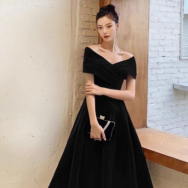 Abiti per feste harajpee Black Slim Evening Dress Women 2024 Grande spalla Long Banquet Style Annual Meeting Vestido