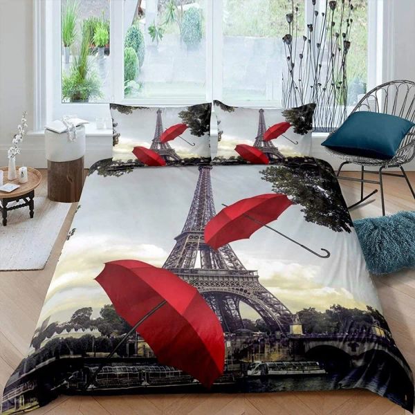 Sets Paris Duvet Cover Vintage Eiffelturm Rote Regenschirm Weich atmungsable Paris Bettwäsche Set Mikrofaser Doppelkönig Quilt Cover