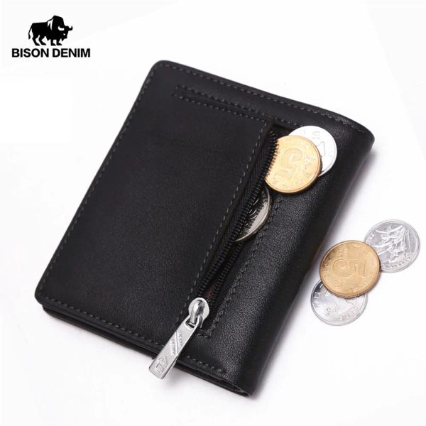 Carteiras Bison jeans Fashion Burse Men's Genuine Leather carteira RFID Bloqueio Mini carteira masculina Holder Small Zipper Coin Purse W9317