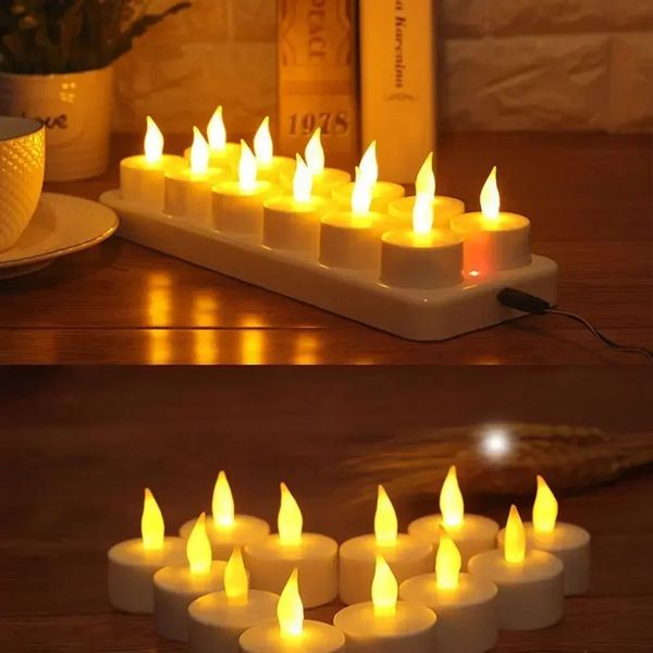 12pcs wiederaufladbare LED -Kerze Flameless Teelight Electric Lampe Wachslos für Valentine Home Hochzeit Weihnachten Tisch Dekor 240417