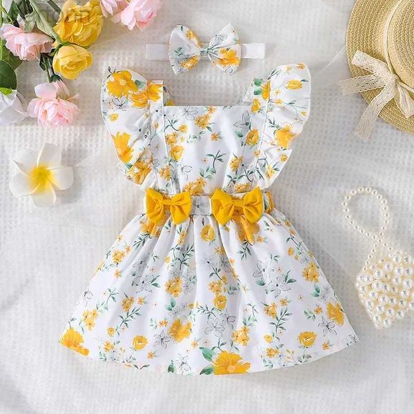Платье для девочек для детей новорожденного 3 - 24 месяца День рождения Доржественный рукав милые желтые цветочные принцессы формальные платья Ootd для девочки D240425