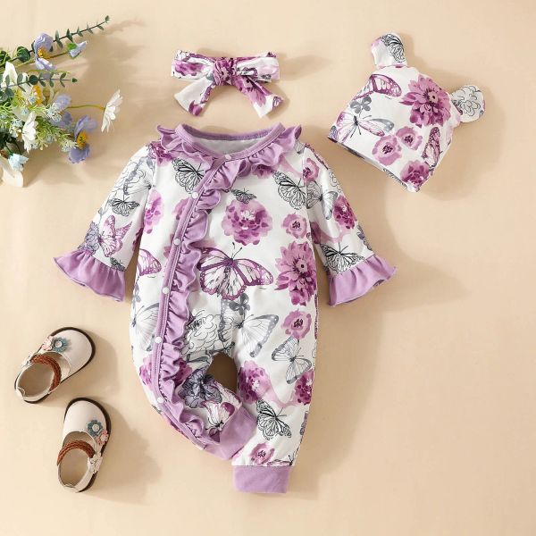 One-Pieces 3pcs Baby Herbst Winter Jumpsuit für Mädchen Rüschen Sonnenblumen ROMPERS Onesie+Stirnband+Hut Neugeborene Mädchen Kleidung 0 bis 18 Monate