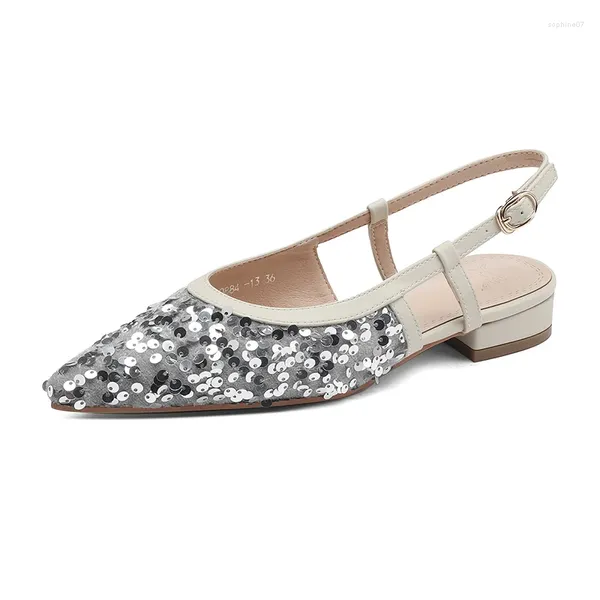 Casual Shoes Mode schillernde Paillettenpaillettenspitze Zehen flache Heels Slingback Sandalen Luxusschnalle Gurt Gold Silber Party Hochzeit Lady 42