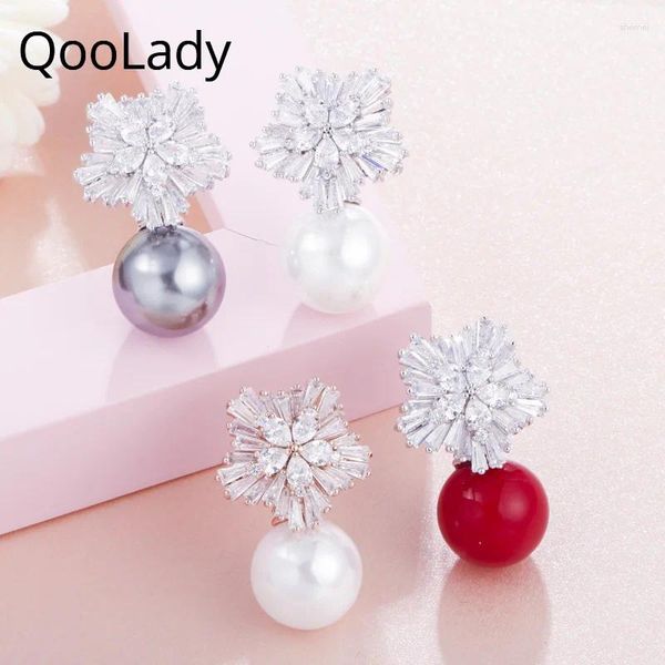 Gestüt Ohrringe Qoolady 2024 Trendy schöne schrägige Schneeflocken weiße Kubikzirkonia Stones Big Pearl Ohrring Schmuck für Frauen E001