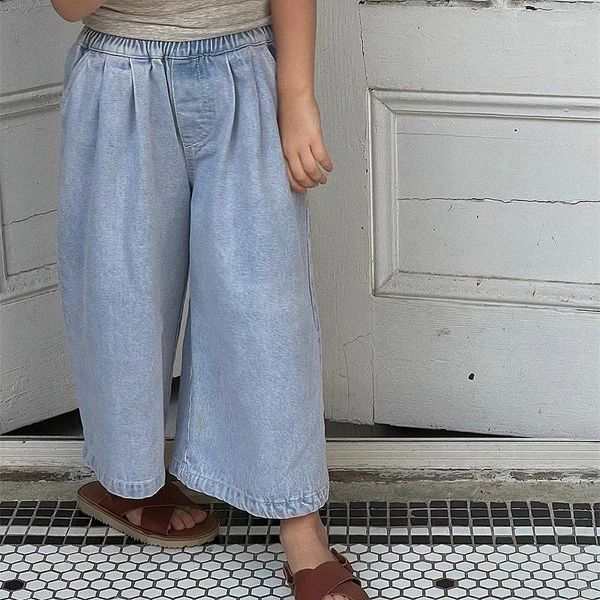 Calça infantil roupas meninas calças de jeans de comprimento completo 2024 Jeans de cintura alta casual de caça reta de meninos de verão