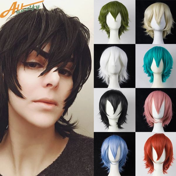 Perücken synthetische männliche Cosplay -Perücken mit Pony Short Straight Blonde Schwarz Blau weiß rote Haare Halloween Anime Cosplay Perücke für Mann Frauen