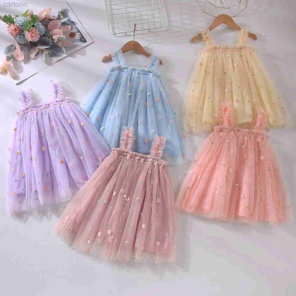 Mädchenkleider heiße neue Baby -Mädchen Kleidung hochwertige Blumensticke Halfternetz kleine Mädchen Kleid süßes Babykleid Süße Prinzessin Kleid D240425