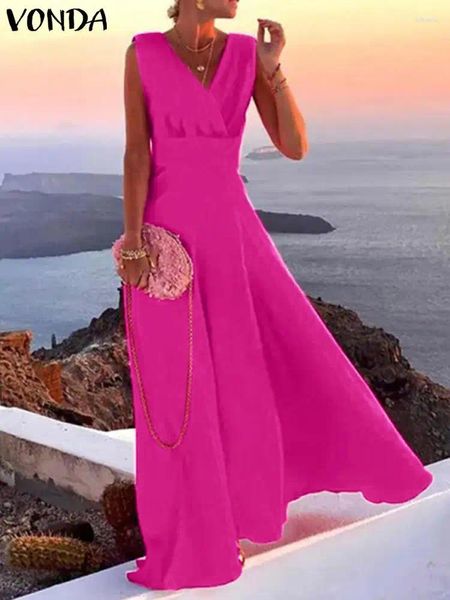 Lässige Kleider Frauen Vonda 2024 Sommer Maxi Kleid sexy V-Ausschnitt Ärmellose Party Langer Sonnenbrand