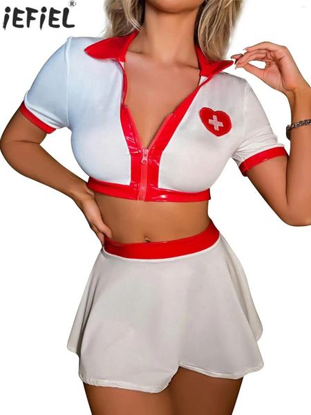 Bras Desen Womens Sexy Dress Up Uniformes Manga curta Tops de zíper de zíper mini-saia