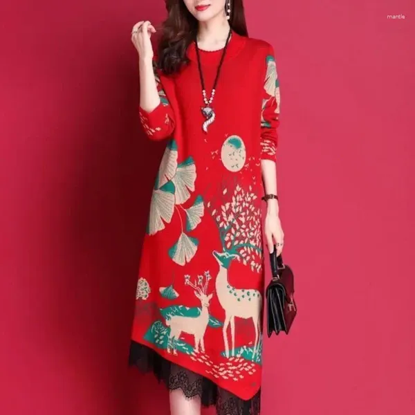 Lässige Kleider Vintage bedrucktes gestrickter Herbst Winter Stilvolle asymmetrische Spitzenspitze weibliche Kleidung runder Hals Midi Kleid