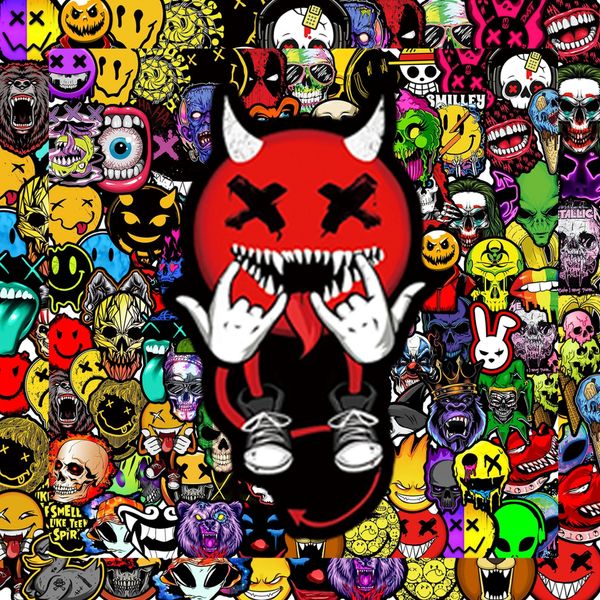 100pcs Cool Evil Demon Hayalet Yüzü Kaya Müzik Stilleri Graffiti Sticker Motosiklet Kask Kaykay Seyahat Kılıfı Su Geçirmez Sticker Çıkartmaları