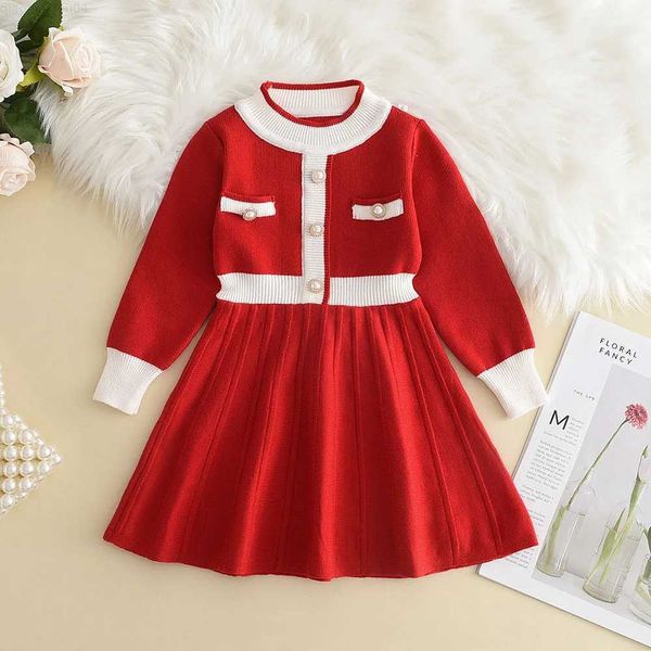 Abiti da ragazza Capodanno Rosso ragazza a maglia in lana a manica lunga abito di giunzione e autunno nuovo abito di moda per bambini in fila per bambini