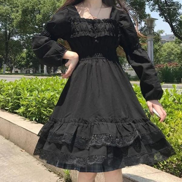 Lässige Kleider Frauen Langarm schwarzer Kleid Harajuku Gothic Party Weibliche Kleidung Kawaii Lolita Goth Midi Japanische Streetwear