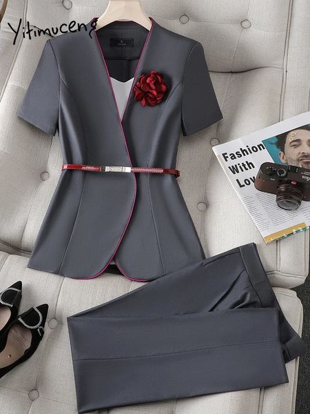 Yitimuceng Elegant Office Ladies Counts Suits Женщины мода с коротким рукавом V Sect Slim Blazer с высокой талией.
