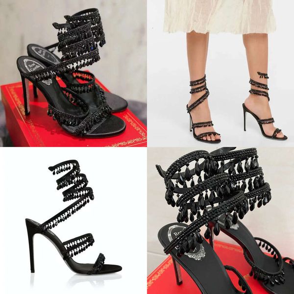 Crystal Black Black Black Sandals con tacco alto 95 mm Diamond Serpentine Avvolte con tacchi alti romani Rhinestone Sier Designer Banquet Dress Shoes35-43 Qualità originale