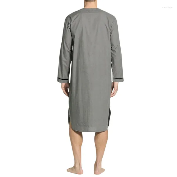 Roupa de linho de linho de gola alta masculina Rollo de manga curta Vestido noturno de longa noite, camisa solta Kaftan thobe com bolso