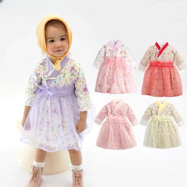 Этническая одежда для детей младенцы-девочки традиционное корейское платье моды ханбок Ханбок Хлопта с длинным рукавом печать 1-6 лет, а азиатские дети азиаты