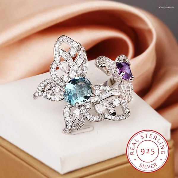 Кластерные кольца легкие роскошные сверкающие бриллиантовые бабочки кольцо сердца для женщин S925Silver Nice Design Прохладный и регулируемый указательный палец