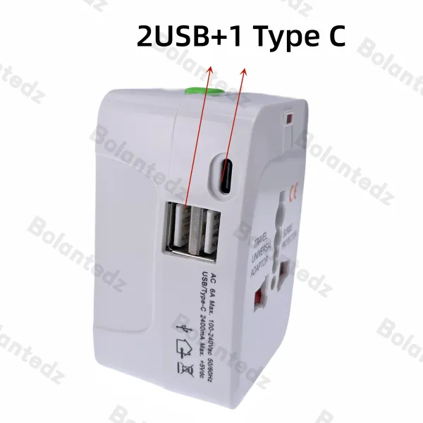 Адаптеры Универсальный адаптер для заглушек Travel Adapter 2 USB -порт 1 Тип C Мировой адаптер AC AC US UK EU EU Адаптер USB Зарядное устройство