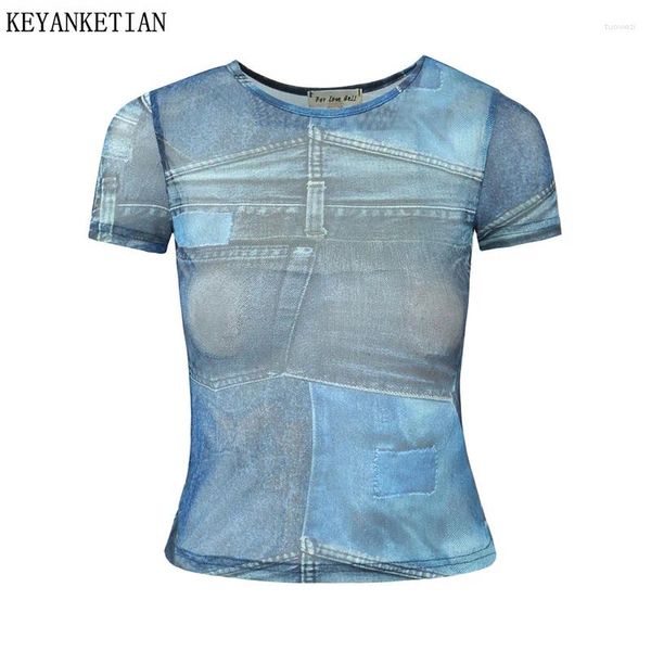 Damen T-Shirts Keyanketian 2024 Starten Sie enge Mesh T-Shirt Sommer Vintage O-Neck Kurzarmdruck Plaid Pullover T-Shirts Top