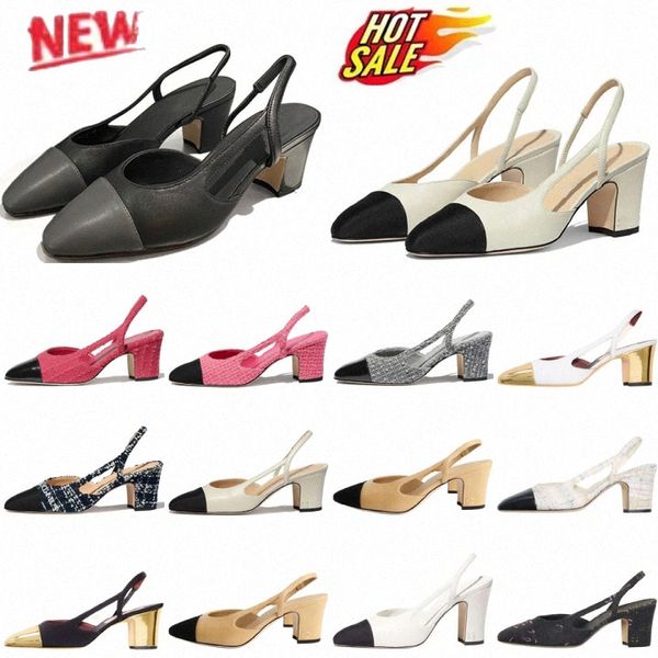 Schuhe Heels High Designer Bürokleid Frauen Sandalen Slingback Dicke Tanzpumpen klobige Blockflats kreisförmige Zehenleder Sohle Schwarz Red Beige Pink A7yr#