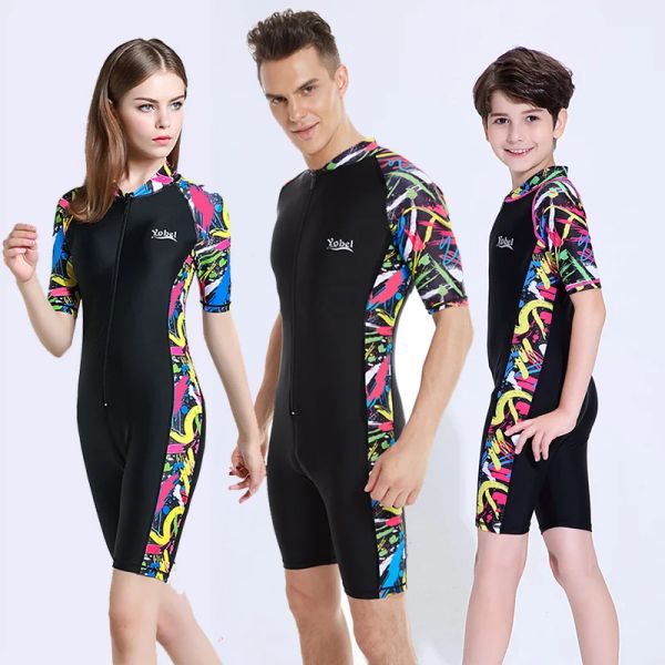 Camiscedores de uma peça de moda de banho feminino frontal zíper de manga curta guardas masculino massaceiro infantil roupas de praia de roupas de banho de traje de banho de mergulho de mergulho