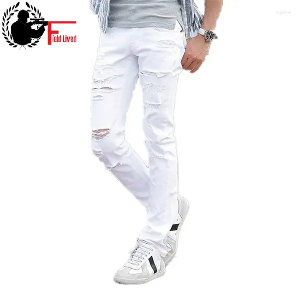Erkekler Kot 2024 İnce Fit Sıska Yırtık Erkekler Yıkılmış Yırtık Delikler Moda Yaz Denim Pantolon Erkek Beyaz Kovboy Pantolon