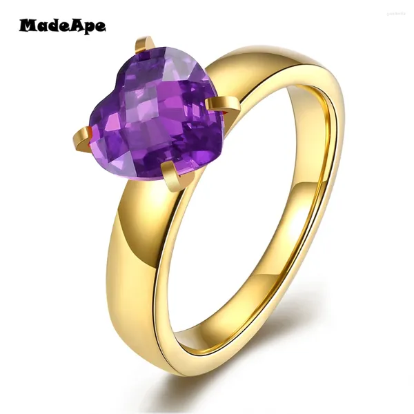 Com pedras laterais madeape purple coração zircão anel de casamento 316l Engajamento de cor de ouro em aço inoxidável para mulheres jóias de festas anniverviais